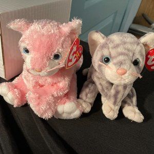 VTG Ty Beanie CATS-1999 SILVER Gray/TAG ERRORS & 2002 CARNATION Pink-NEW MWMT